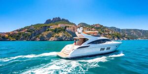 Luxury yacht sailing the Amalfi Coast waters.