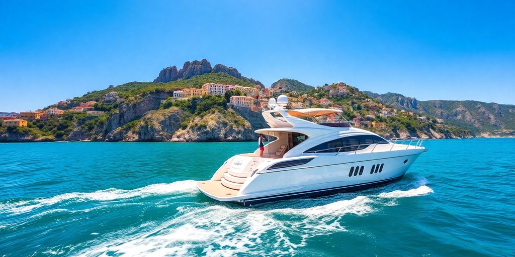 Luxury yacht sailing the Amalfi Coast waters.