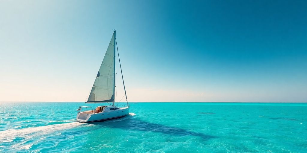 Sailing boat on turquoise ocean waves under a bright sun.