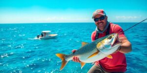 Angler reeling in large fish from boat in British Virgin Islands.