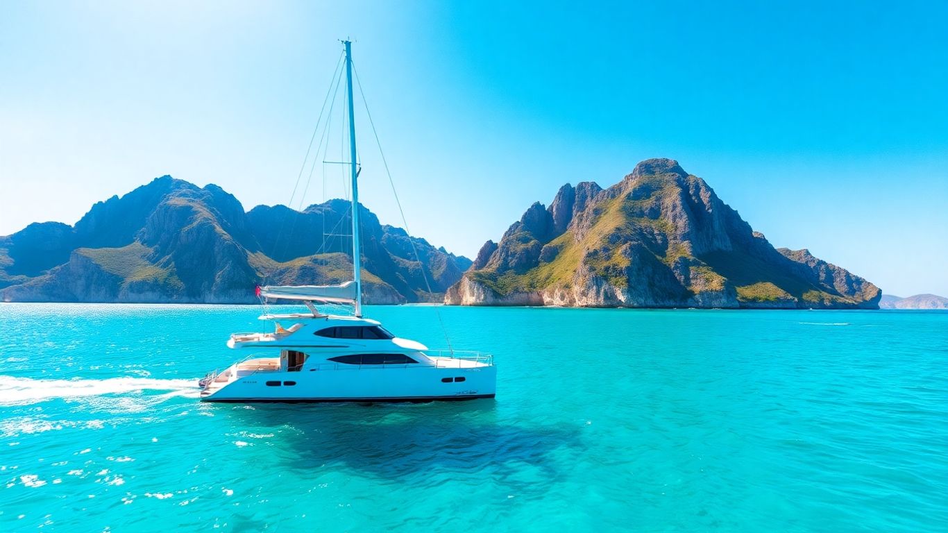 Catamaran sailing on turquoise water near green islands.