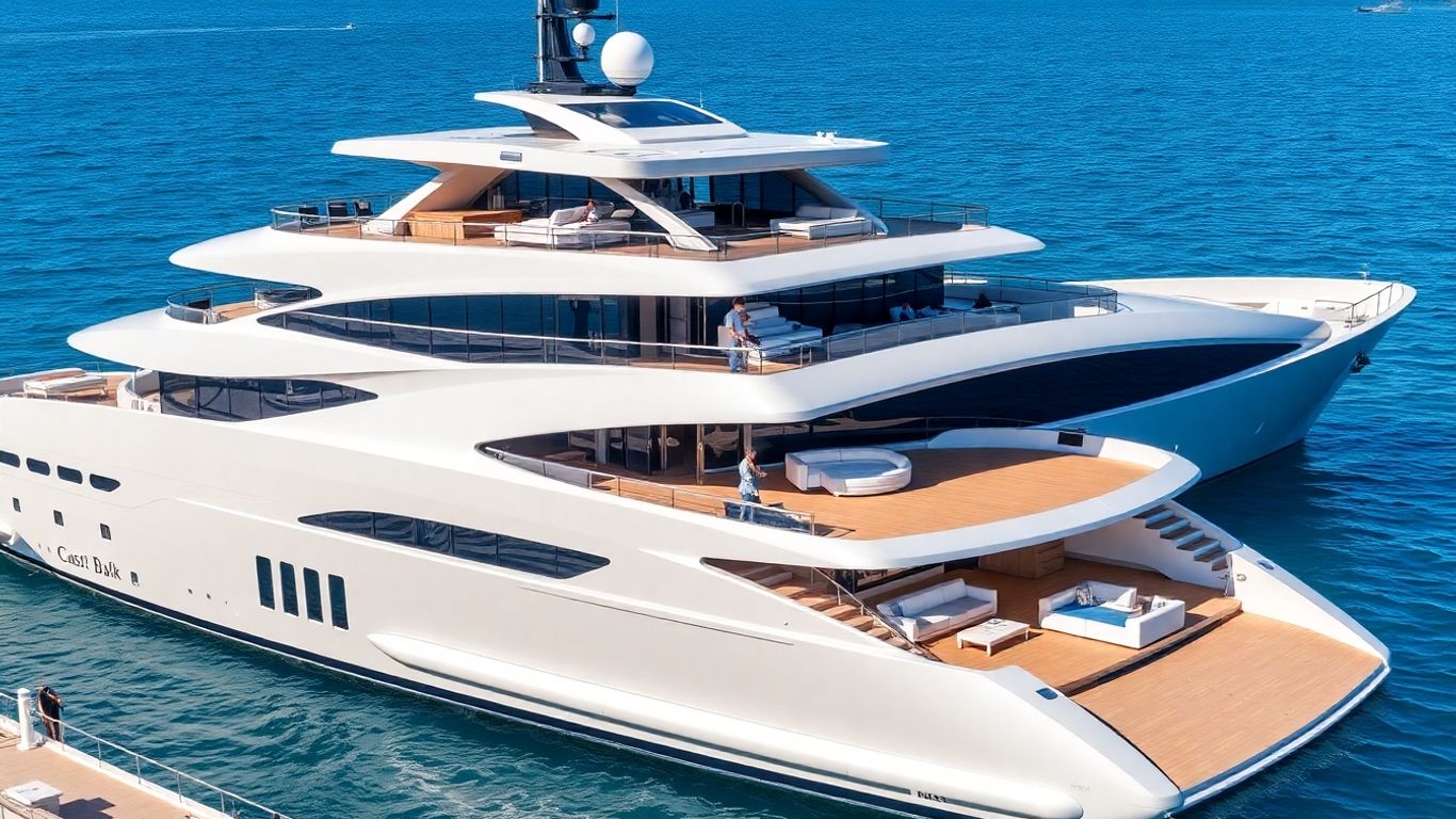 Luxurious modern superyacht docked at marina with sunny skies