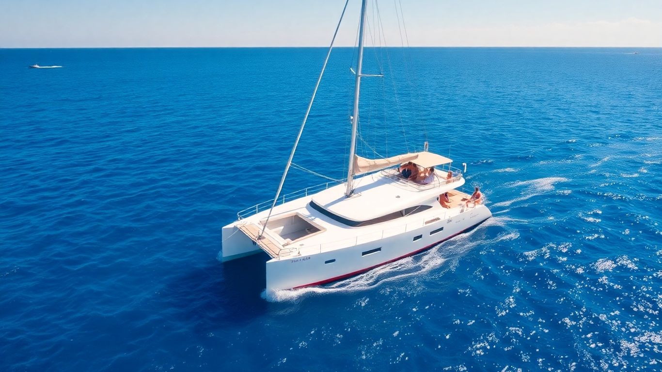 Catamaran sailing on blue water under a sunny sky.