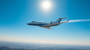 Private jet flying over scenic landscape.