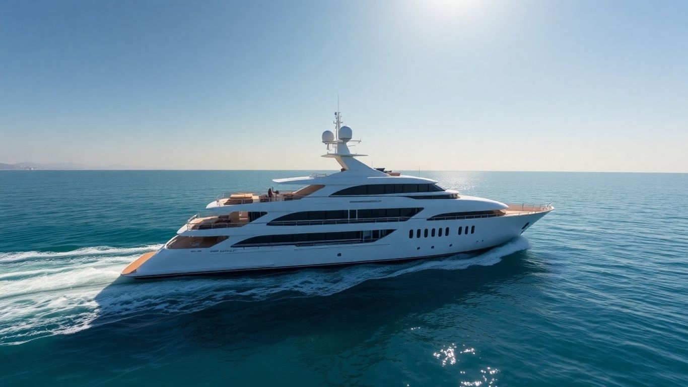 Sleek 180-foot luxury yacht on a calm blue sea.