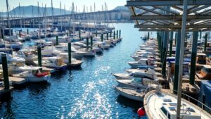 Boats docked at moorings in a sunny harbor.
