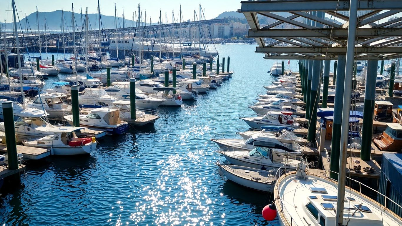 Boats docked at moorings in a sunny harbor.