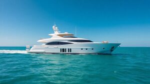 Luxury Avalon yacht sailing on a clear blue ocean.