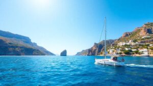 Sailboat cruising Greek islands with blue sea and sun.