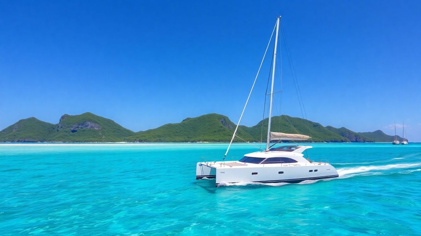 Catamaran sailing on turquoise water near US Virgin Islands.