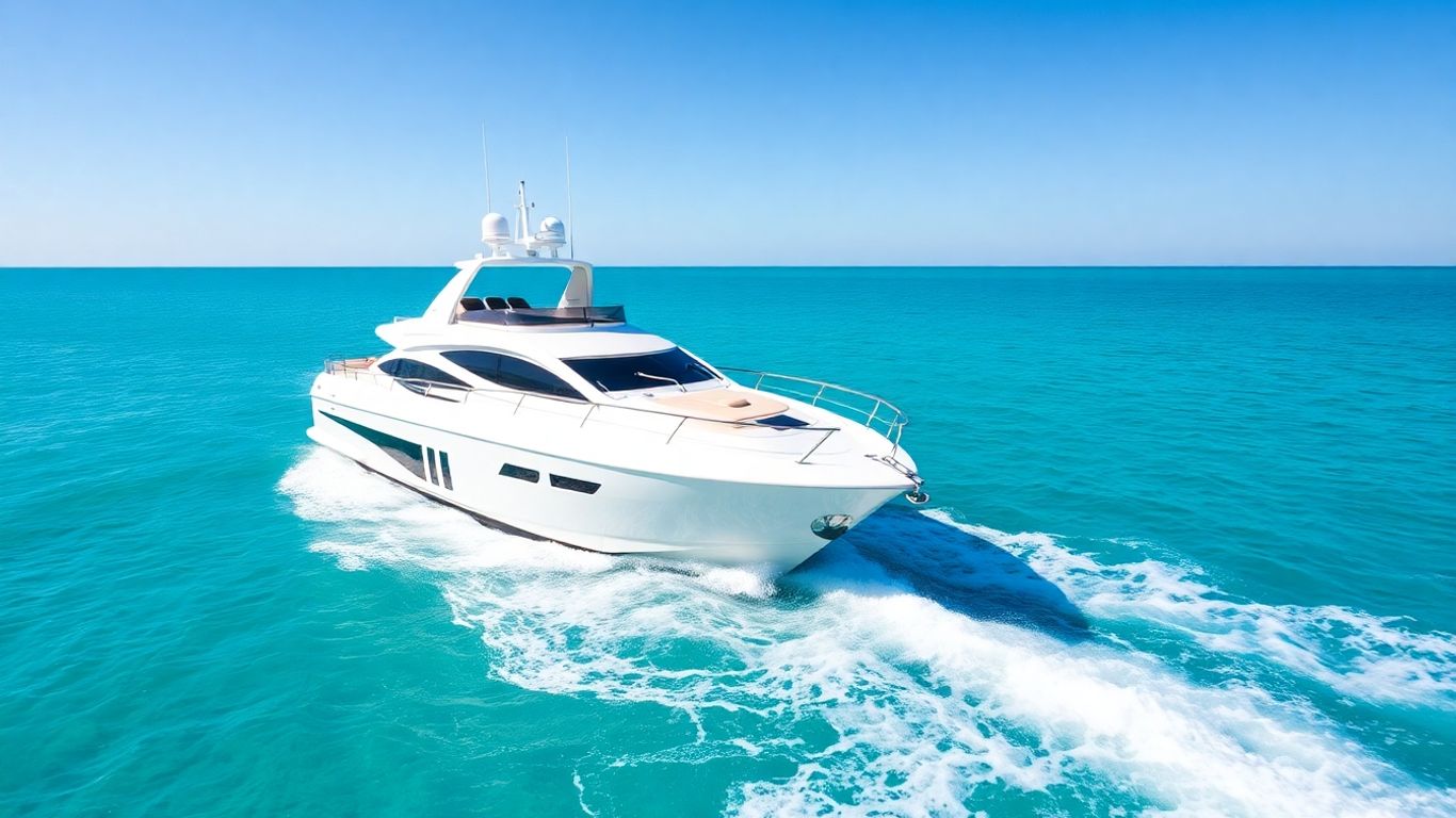 Luxury yacht sailing on calm turquoise ocean waters.