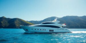 Sleek white yacht sailing on calm turquoise ocean water.