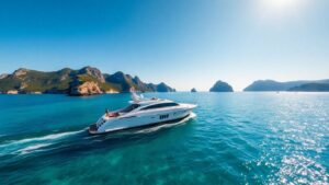 Yacht sailing on turquoise Adriatic Sea near Croatian islands.