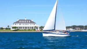 Sailboat on water near Newport Yacht Club.