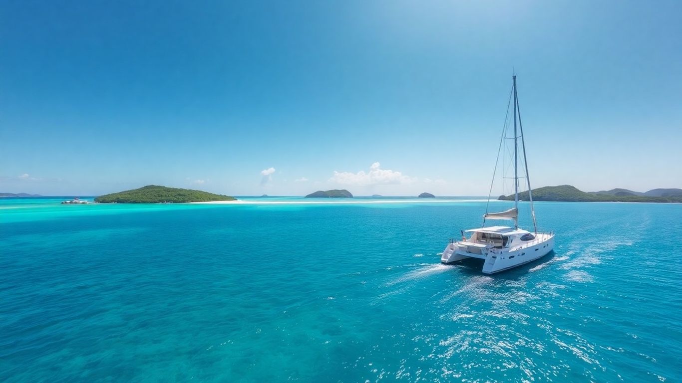 Catamaran sailing on turquoise water near lush BVI islands.