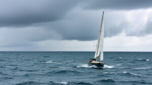 Sailboat in rough seas during hurricane season.