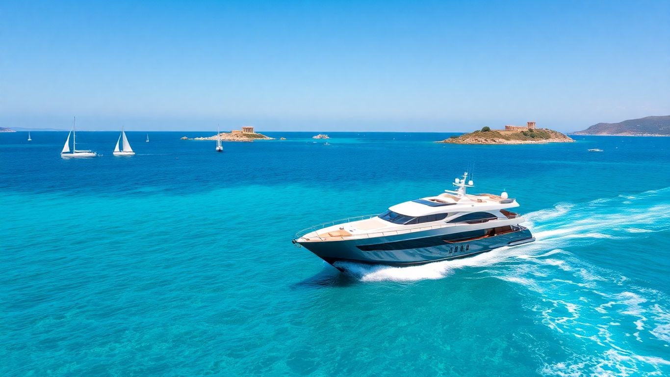 Yacht sailing in the Aegean Sea near Greek islands.