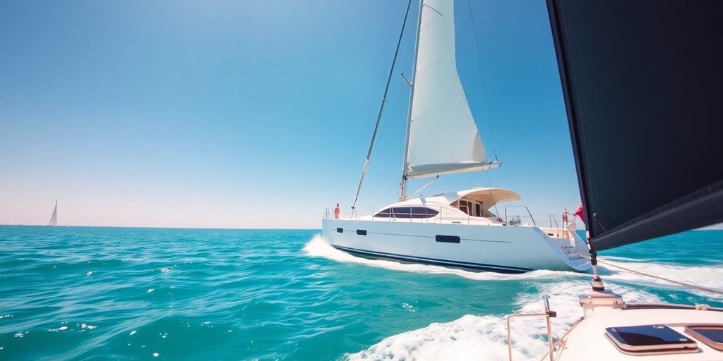 Small sailboat on calm, blue ocean water.