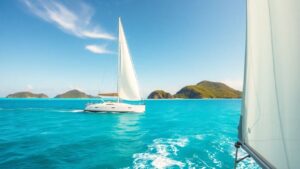 Sailboat on turquoise water near BVI islands.