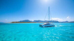 Catamaran sailing in Caribbean waters near a tropical beach.
