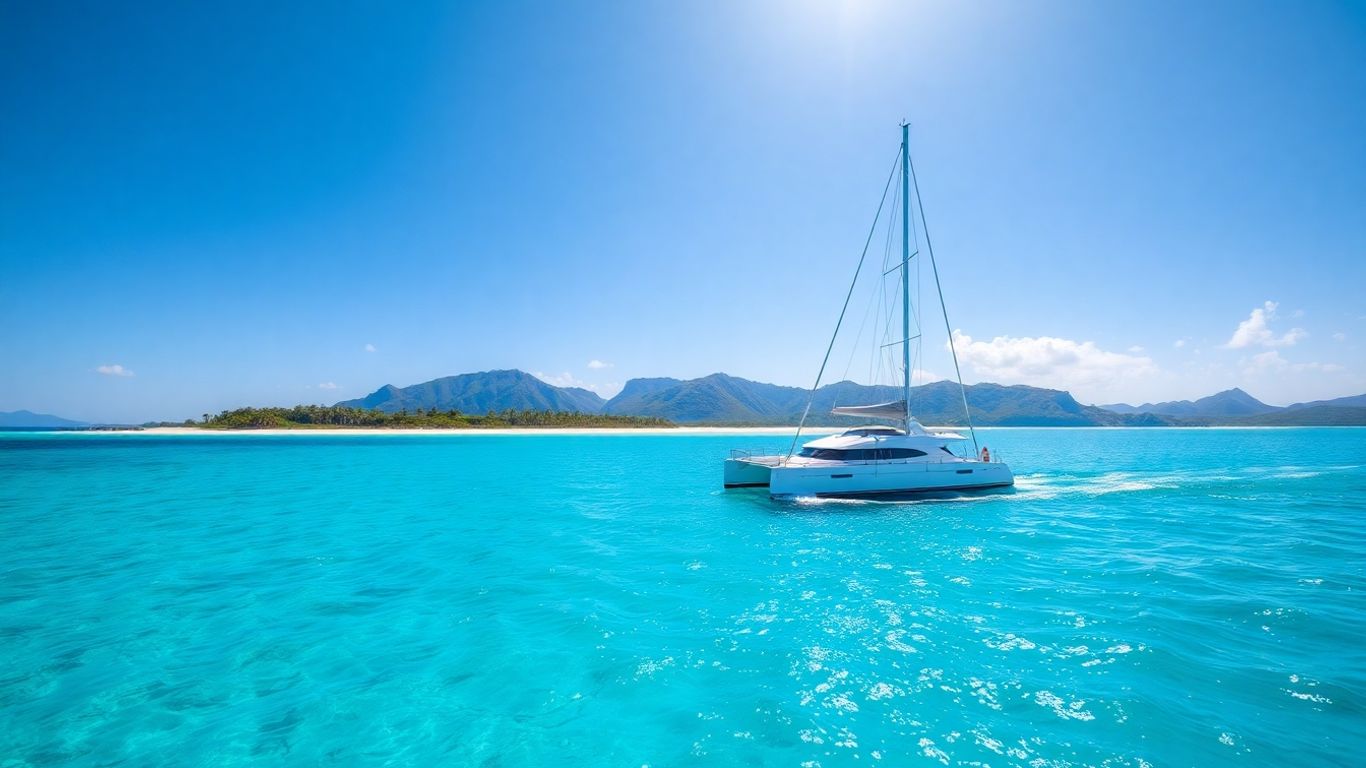 Catamaran sailing in Caribbean waters near a tropical beach.