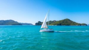 Sailboat on turquoise water near lush islands.