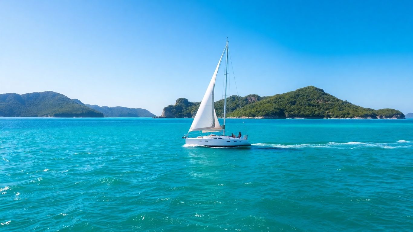 Sailboat on turquoise water near lush islands.