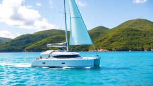 Catamaran sailing on turquoise water near lush BVI islands.