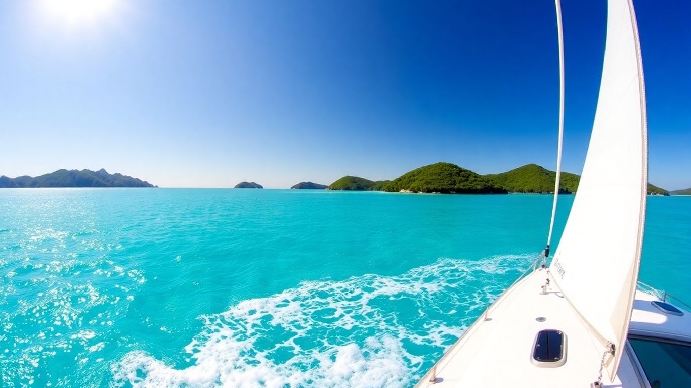 Catamaran sailing on clear blue ocean water.
