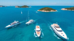 Yachts sailing in blue Croatian waters with sunbathers onboard.
