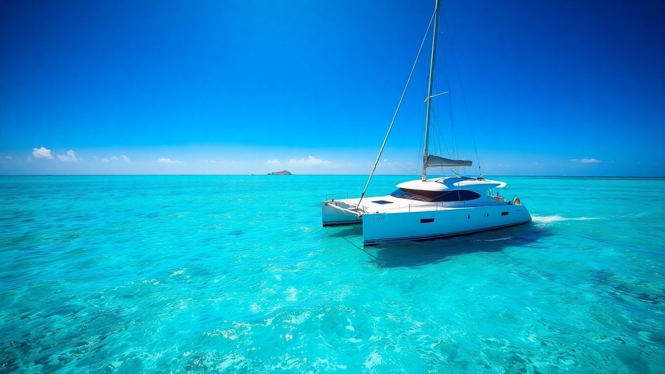 Luxury catamaran sailing on clear turquoise water.