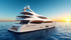 Luxurious 50 meter yacht on calm blue sea at sunset.