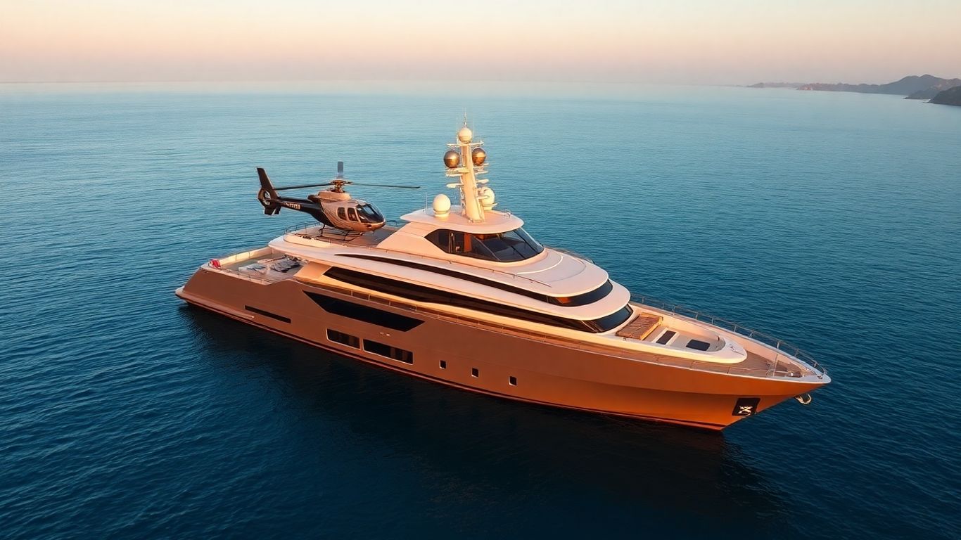 Luxury yacht with helipad and helicopter at sunset
