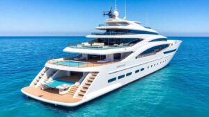 Sleek superyacht with pool and helicopter on azure water.