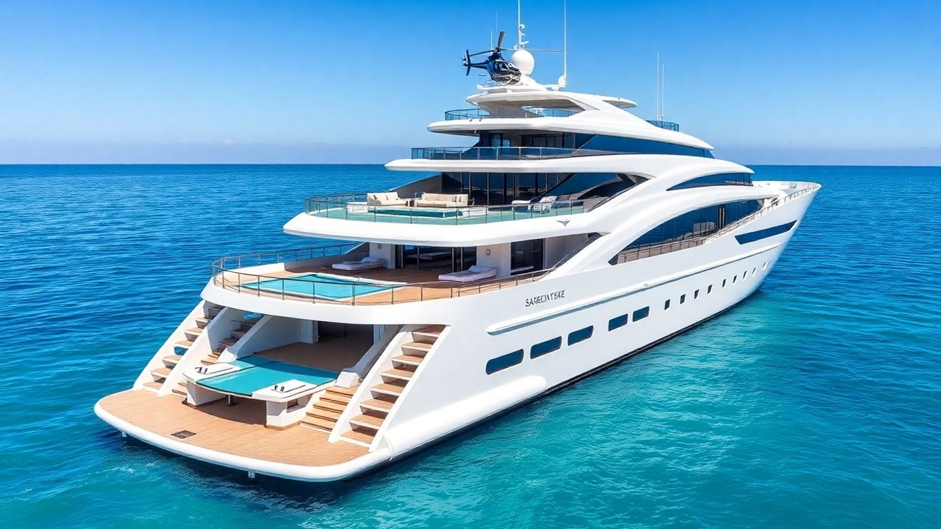 Sleek superyacht with pool and helicopter on azure water.