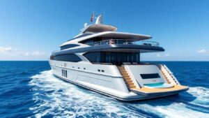 Modern 67m luxury yacht on clear blue ocean.