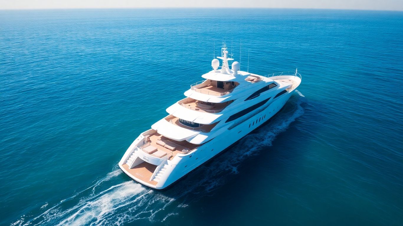Luxurious 67m yacht sailing on a clear blue ocean.