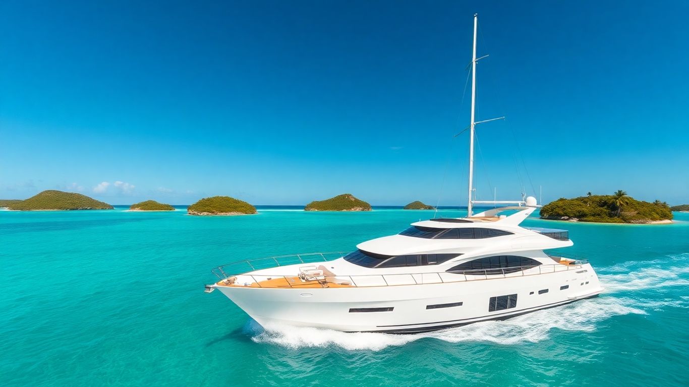 Luxury yacht sailing on turquoise water near islands.