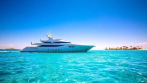 Luxurious yacht sailing on clear blue water near Florida coast.