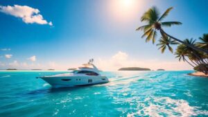 Luxury yacht in turquoise Exumas waters with islands