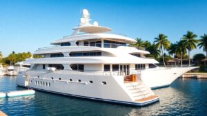 Opulent luxury yacht docked in a sunny blue harbor.