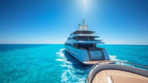 Luxurious superyacht on the ocean.