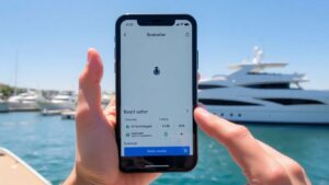 Boatsetter app on phone with yacht in background.