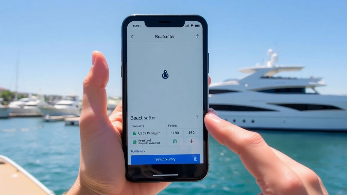 Boatsetter app on phone with yacht in background.