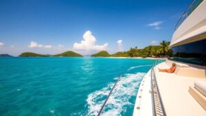 Yacht cruising Caribbean sea with tropical islands