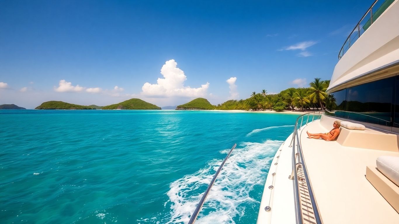 Yacht cruising Caribbean sea with tropical islands