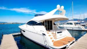 Used small yacht docked at scenic marina in sunlight.