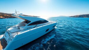 Luxury boat gliding on clear blue water