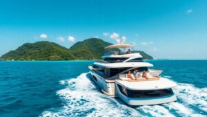 Luxury yacht sailing in tropical blue waters
