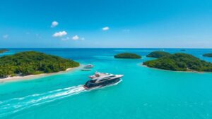 Luxury boat on turquoise sea near tropical islands